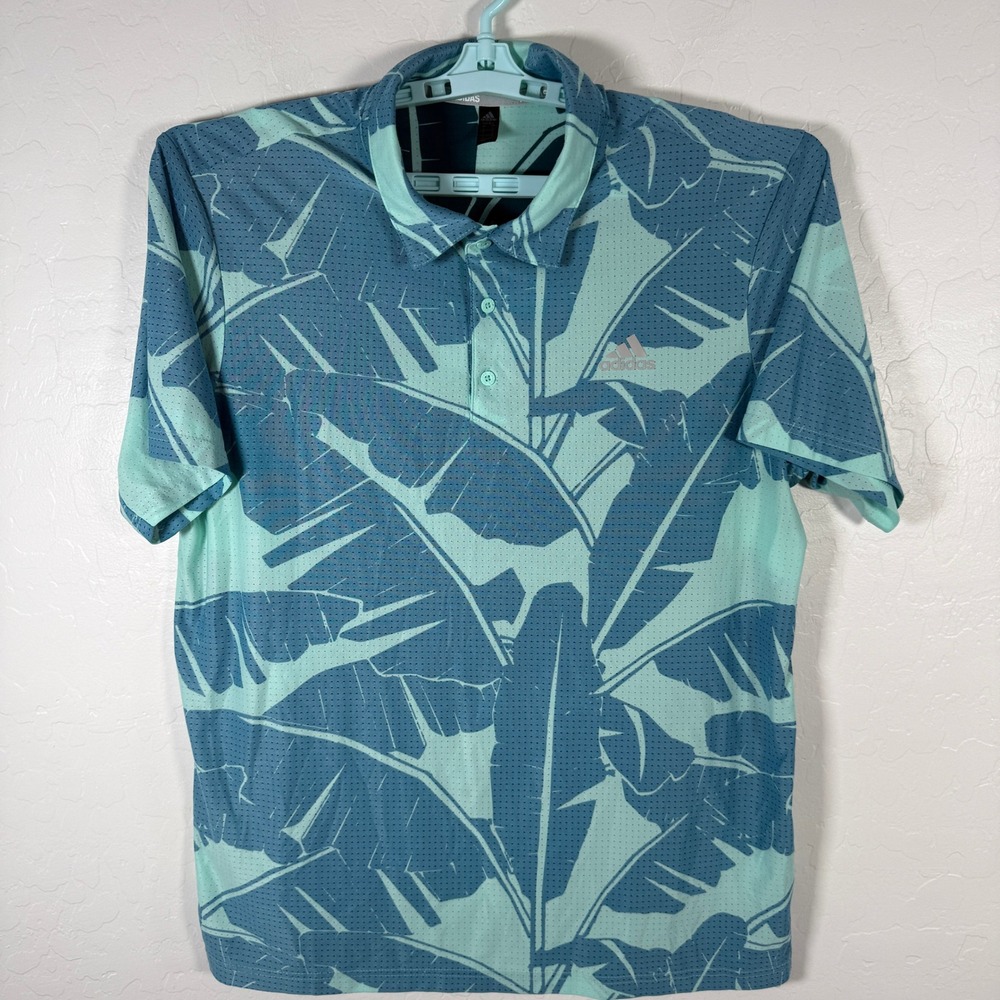 Adidas Polo Shirt Mens Large Green Blue Tropical Leaf‎ Print Performance Golf